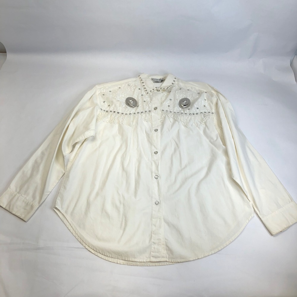 Vintage Cowgirl Embroidered Fringe Button-Down Shirt - White